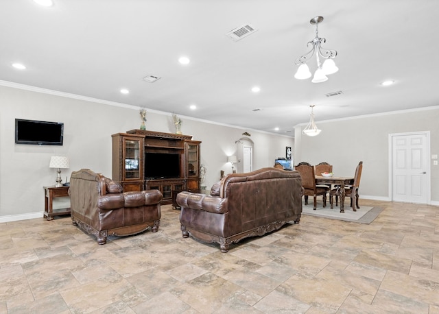 631 Apache St, Houston, TX 77022 - living room with baseboards, light stone finish flooring, crown molding, recessed lighting, and a chandelier