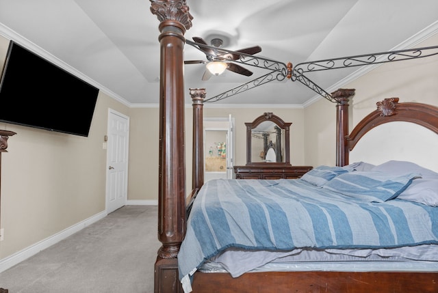 631 Apache St, Houston, TX 77022 - bedroom with carpet floors, baseboards, ornamental molding, ceiling fan, and lofted ceiling