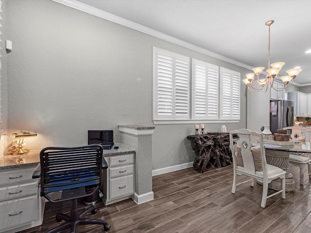 office featuring dark hardwood / wood-style floors, a chandelier, and crown molding