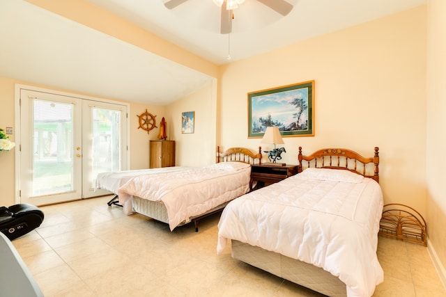 bedroom with lofted ceiling, french doors, access to outside, and ceiling fan