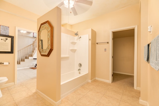 bathroom featuring toilet, shower / tub combination, tile patterned flooring, and ceiling fan