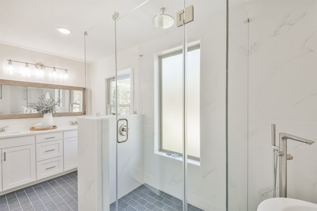 bathroom featuring vanity and a shower with shower door