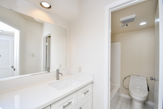 full bathroom with vanity, shower with separate bathtub, toilet, and tile patterned floors