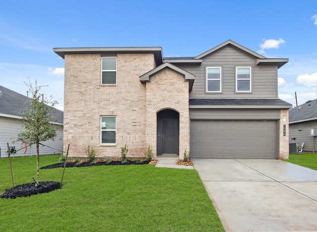 front facade with central AC, a garage, and a front lawn