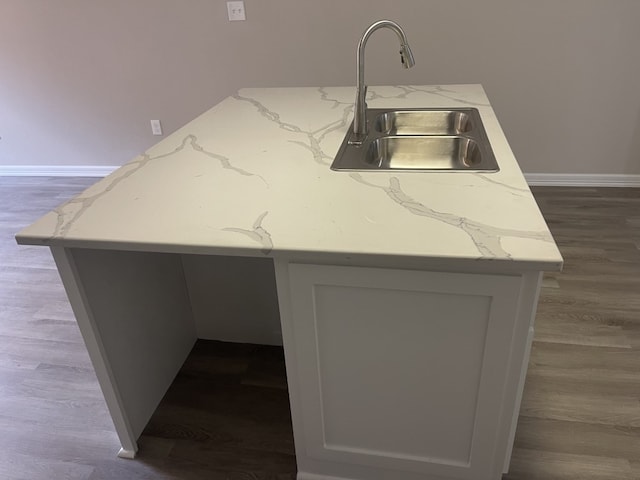 interior details with dark hardwood / wood-style floors, light stone counters, and sink