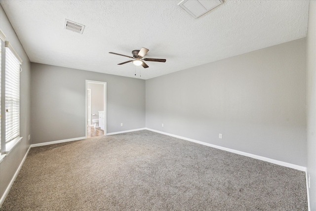 carpeted empty room with a textured ceiling, ceiling fan, and a wealth of natural light