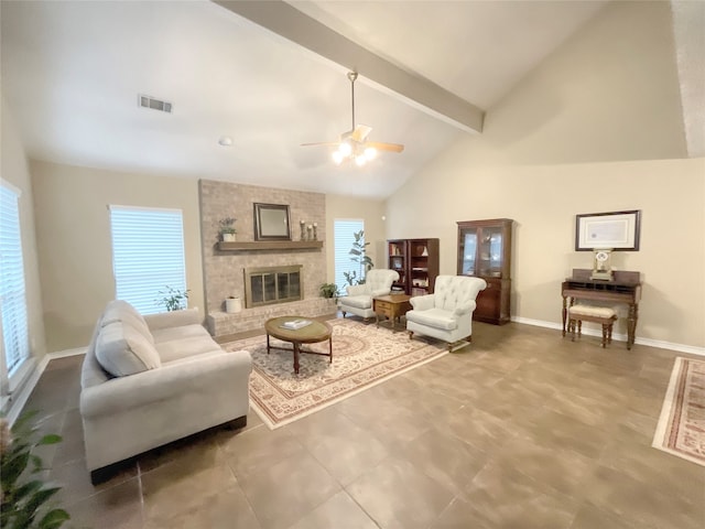 living room with beam ceiling, a fireplace, high vaulted ceiling, and ceiling fan