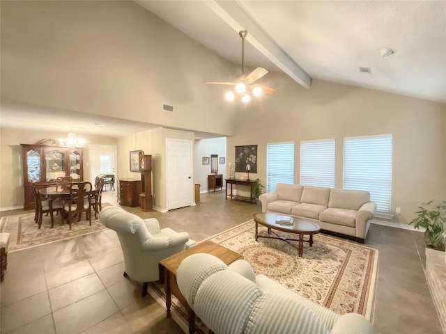 living room featuring beam ceiling, high vaulted ceiling, tile patterned floors, and ceiling fan with notable chandelier