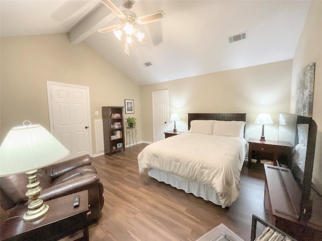 bedroom featuring beam ceiling, hardwood / wood-style flooring, high vaulted ceiling, and ceiling fan