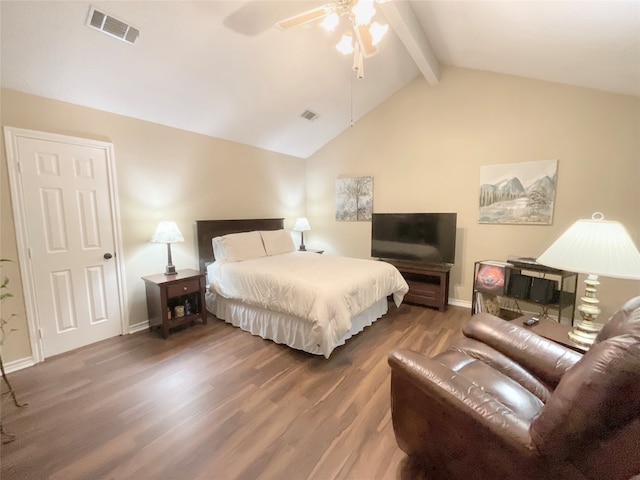 bedroom featuring hardwood / wood-style flooring, lofted ceiling with beams, and ceiling fan