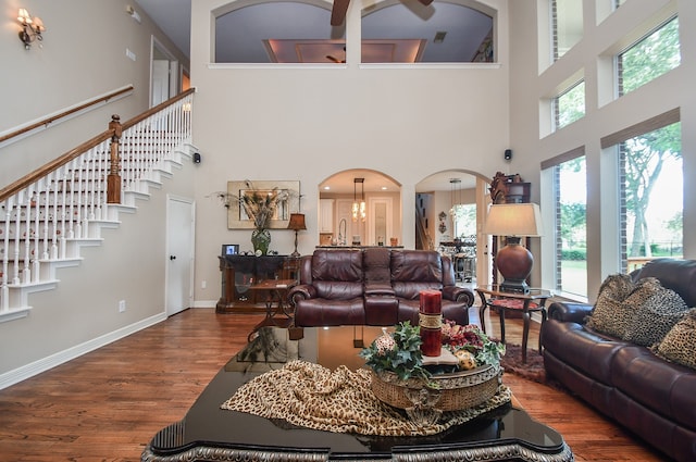 living room featuring a high ceiling and dark hardwood / wood-style flooring