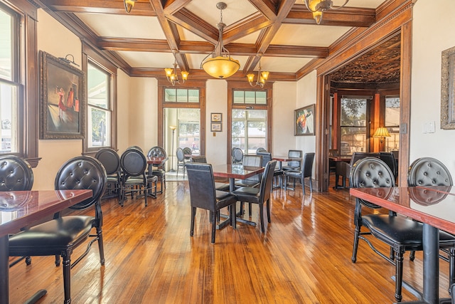 dining room featuring coffered ceiling, a notable chandelier, hardwood / wood-style flooring, and a healthy amount of sunlight