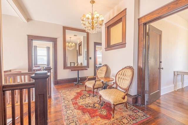 interior space featuring dark wood-type flooring and a notable chandelier