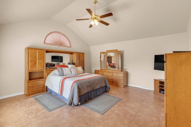 bedroom featuring vaulted ceiling, ceiling fan, and light tile patterned flooring