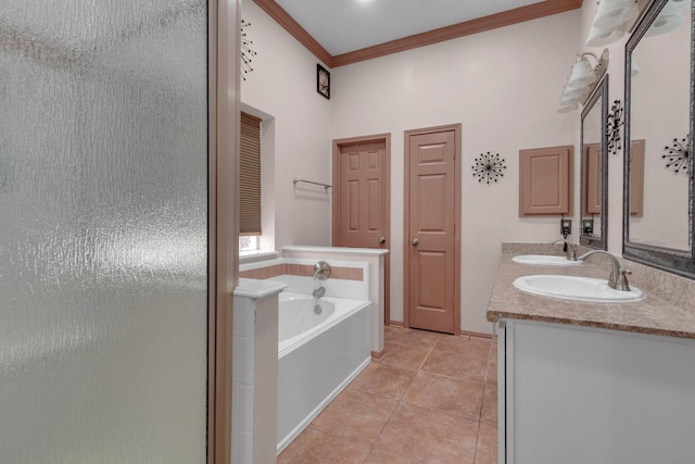 bathroom featuring tile patterned flooring, vanity, independent shower and bath, and ornamental molding