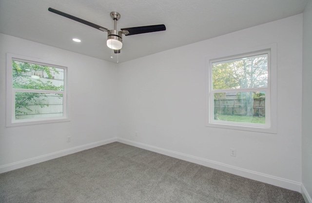 empty room featuring ceiling fan and carpet