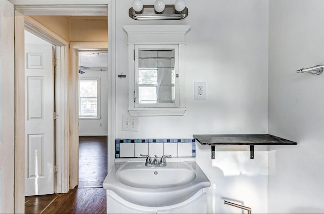 bathroom featuring hardwood / wood-style flooring and vanity