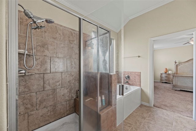 bathroom with ornamental molding, ceiling fan, plus walk in shower, and tile patterned flooring