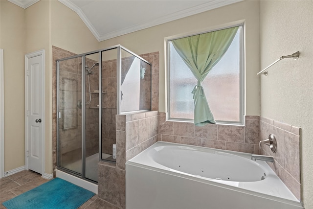 bathroom featuring crown molding, independent shower and bath, and tile patterned flooring