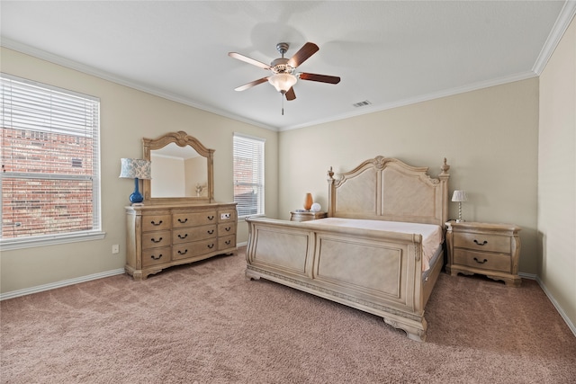 carpeted bedroom with multiple windows, crown molding, and ceiling fan