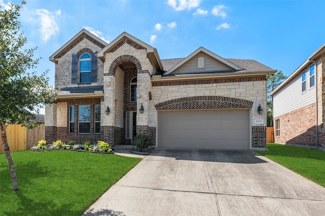 view of front of property with a front lawn and a garage