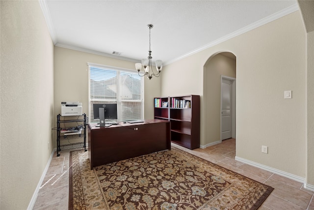 home office with an inviting chandelier and ornamental molding