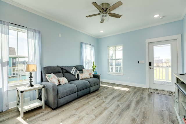 living room with light hardwood / wood-style floors, crown molding, and ceiling fan