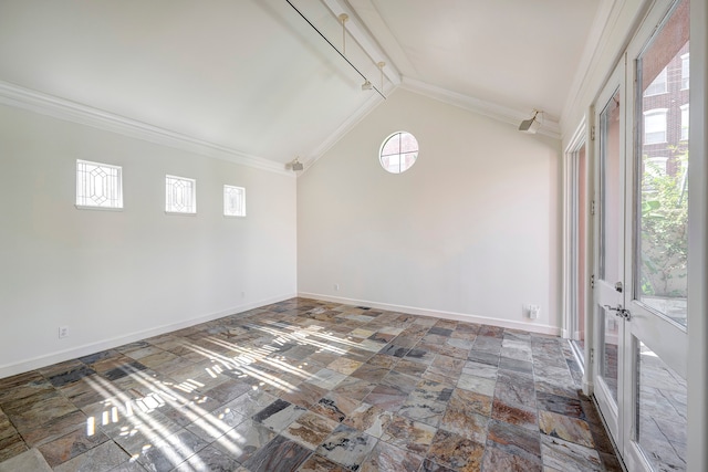 spare room with ornamental molding, high vaulted ceiling, and plenty of natural light