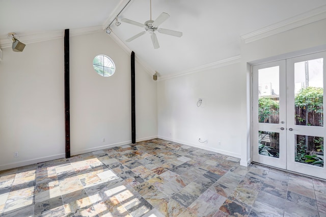 empty room with french doors, ornamental molding, ceiling fan, and vaulted ceiling