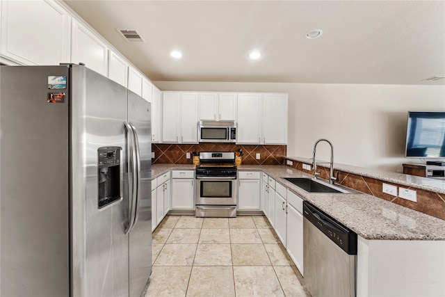 kitchen featuring light stone countertops, sink, kitchen peninsula, white cabinetry, and stainless steel appliances