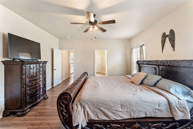 bedroom featuring ceiling fan and wood finished floors