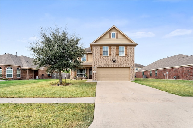 traditional-style home with brick siding, concrete driveway, a front yard, central AC unit, and a garage