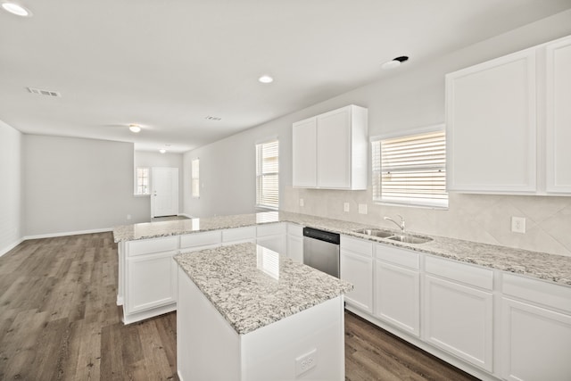 kitchen featuring white cabinetry, sink, stainless steel dishwasher, and dark hardwood / wood-style floors