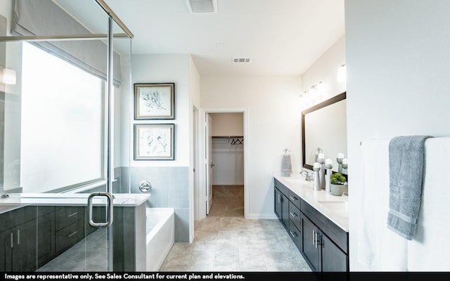 bathroom featuring double vanity, a garden tub, a stall shower, and visible vents