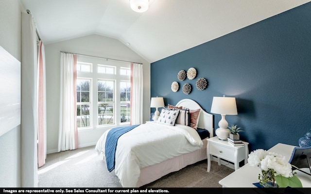 bedroom featuring carpet flooring, baseboards, and vaulted ceiling