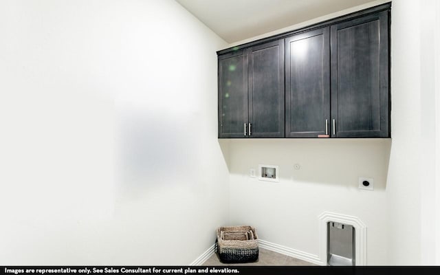 washroom with cabinet space, washer hookup, gas dryer hookup, baseboards, and hookup for an electric dryer