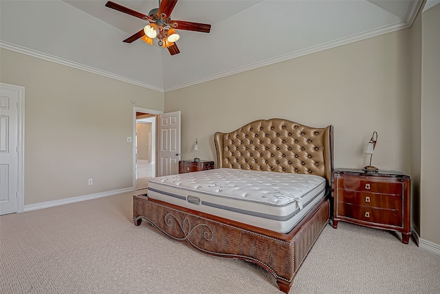 carpeted bedroom featuring high vaulted ceiling, ceiling fan, and crown molding