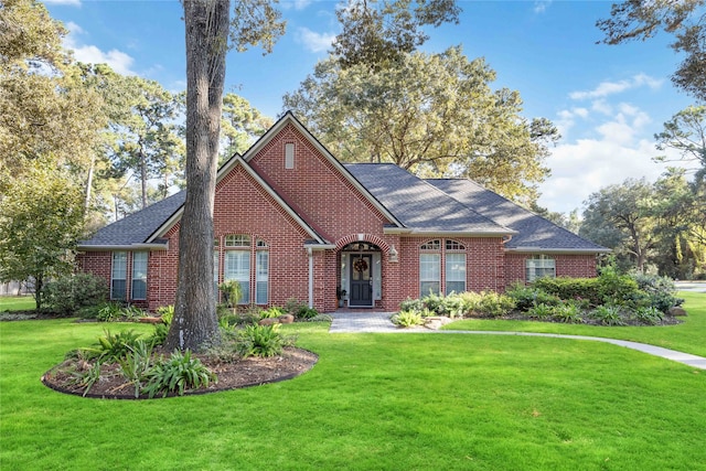 view of front of house featuring a shingled roof, a front yard, and brick siding