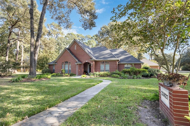 view of front facade featuring brick siding and a front yard