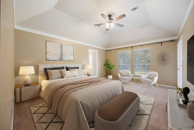 carpeted bedroom featuring ceiling fan, crown molding, a raised ceiling, and lofted ceiling