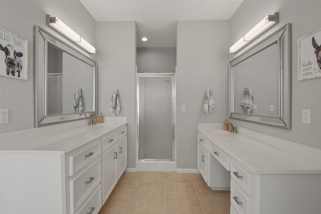 bathroom featuring vanity, walk in shower, and tile patterned floors