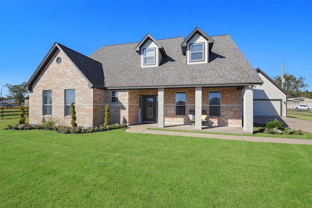 view of front of home with a front lawn and a garage