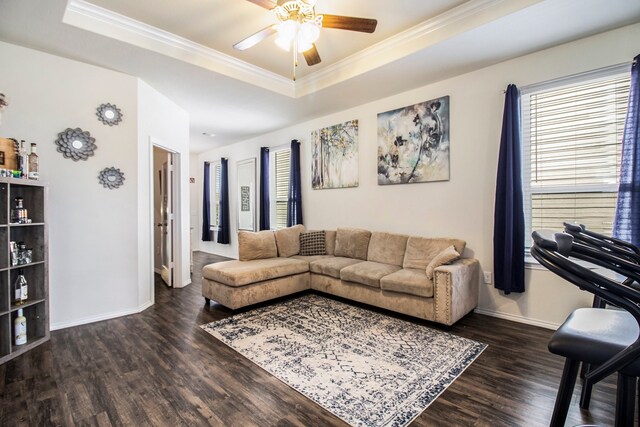 living room with ornamental molding, ceiling fan, dark wood-type flooring, and a raised ceiling