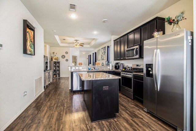 kitchen featuring kitchen peninsula, dark hardwood / wood-style flooring, appliances with stainless steel finishes, a kitchen island, and a tray ceiling