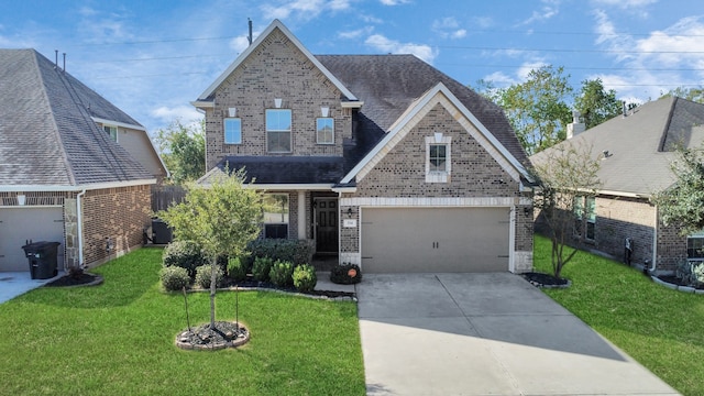 craftsman-style home featuring a garage, a front lawn, and central AC unit