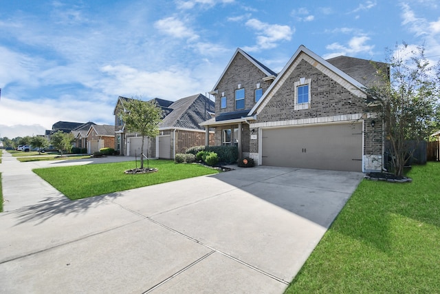 craftsman inspired home featuring a garage and a front lawn