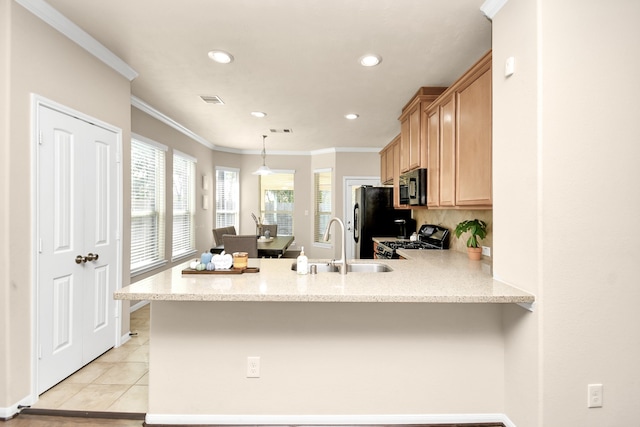 kitchen featuring black appliances, sink, kitchen peninsula, ornamental molding, and light tile patterned floors