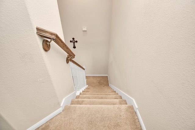 stairs featuring carpet flooring