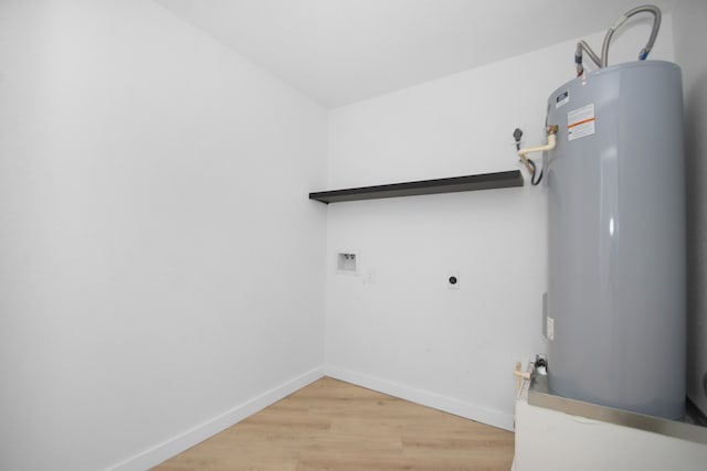 laundry room with washer hookup, electric dryer hookup, light hardwood / wood-style flooring, and water heater