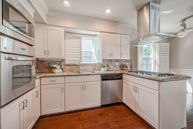 kitchen with white cabinets, stainless steel appliances, island exhaust hood, and kitchen peninsula